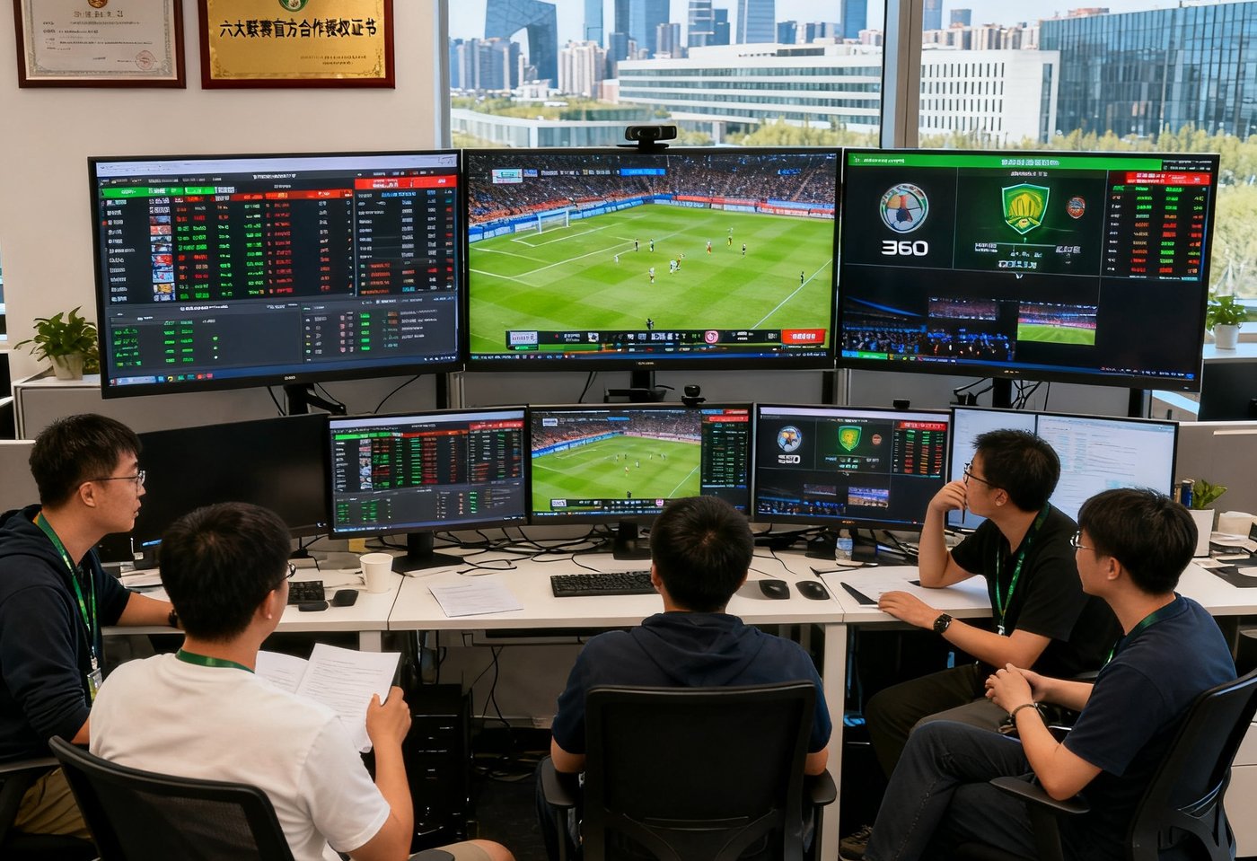 360直播北京办公室实景，开放式办公区内三排宽屏显示器实时滚动全球赛事数据与直播信号状态，墙上悬挂着六大联赛官方合作授权证书，团队核心成员正在讨论产品迭代方案，窗外可见望京科技园的城市天际线