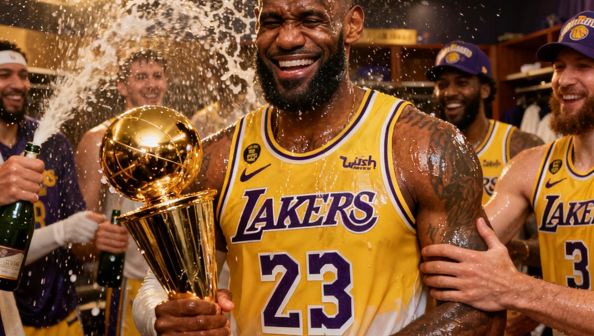 NBA西部决赛战报配图，湖人队全员在更衣室喷洒香槟庆祝晋级总决赛，勒布朗·詹姆斯手捧西部冠军奖杯，球衣湿透面带笑容与队友拥抱