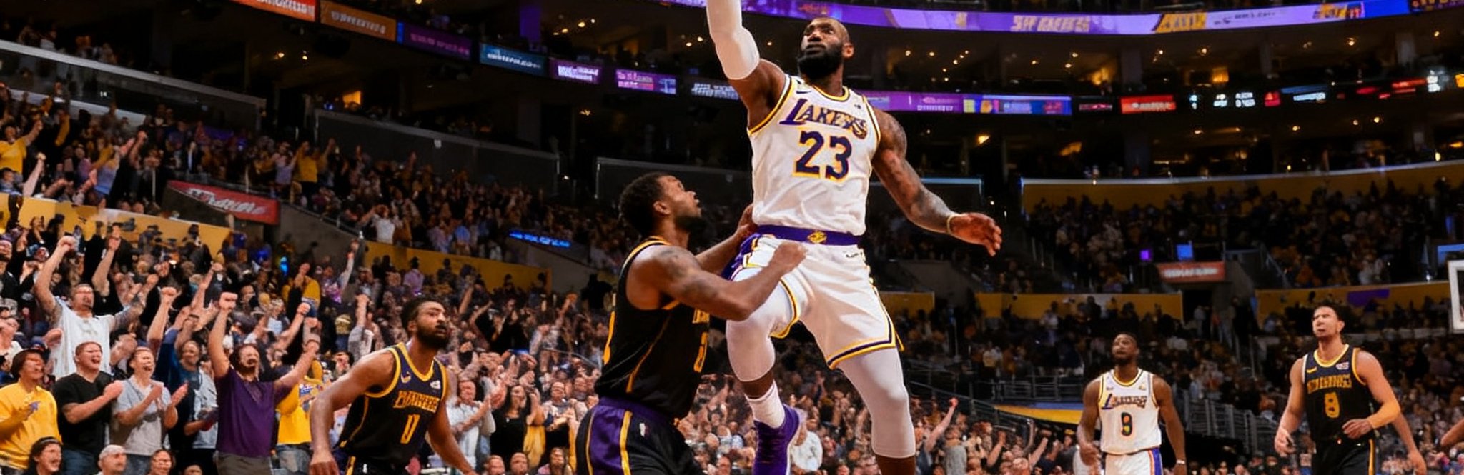 NBA西部决赛第七场生死战，洛杉矶湖人主场斯台普斯中心紫金色灯光笼罩全场，勒布朗·詹姆斯持球突破对手防线，空中对抗后仰跳投瞬间，观众席爆发出山呼海啸般的欢呼
