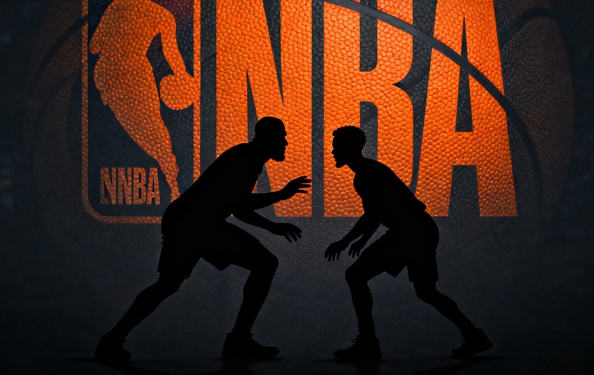 NBA篮球联赛直播入口卡片，深色背景上橙色篮球纹理与NBA官方logo融合，展示勒布朗·詹姆斯与斯蒂芬·库里的剪影对抗姿态，底部标注分区决赛赛程