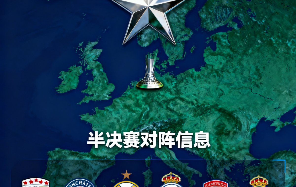 欧冠联赛直播入口卡片，深蓝绿色调背景上欧冠星形奖杯图案与欧洲地图轮廓交叠，展示本赛季八强球队的彩色徽标阵列排列，中央标注半决赛对阵信息